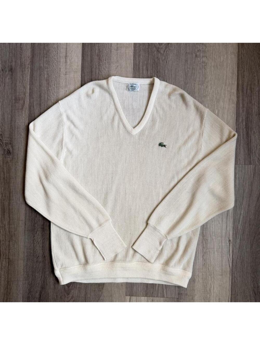Vintage 1970s Lacoste Izod Cream V-Neck Sweater sz XL